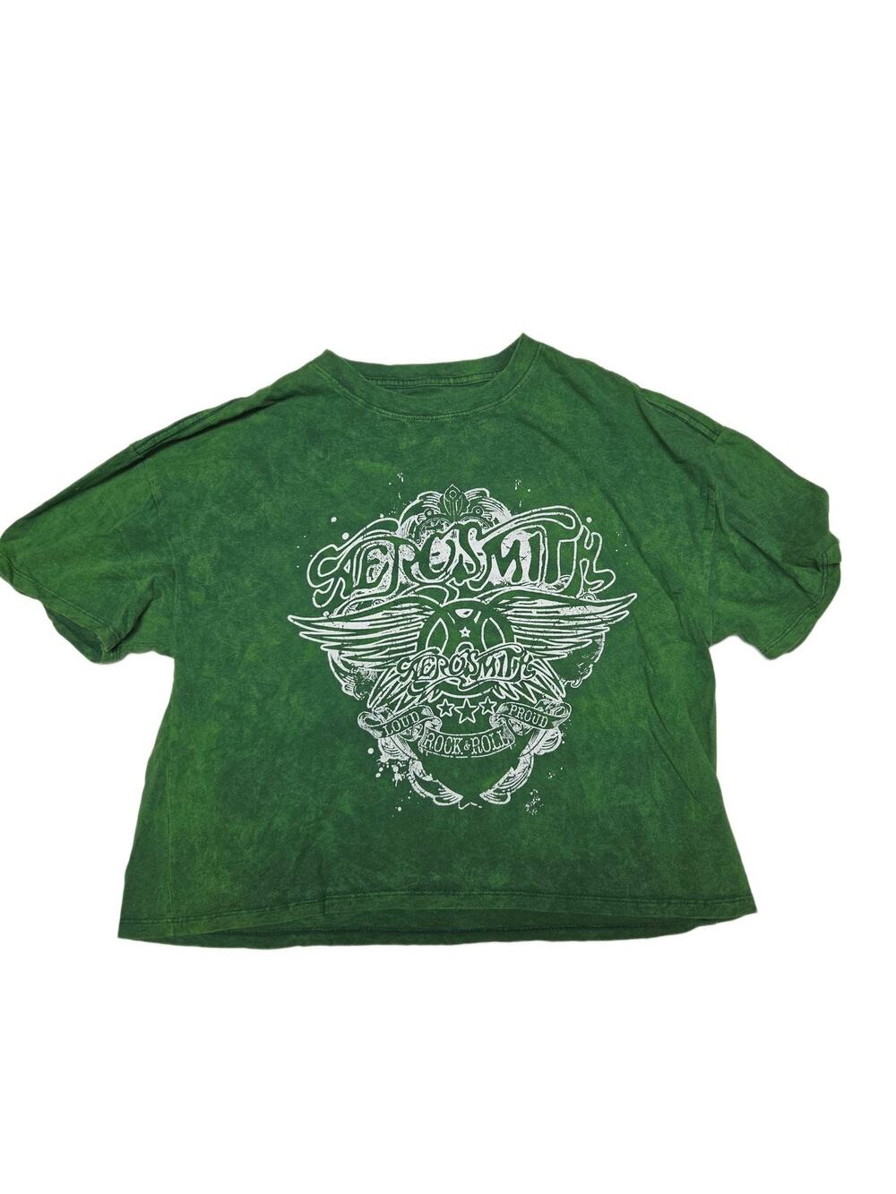 Aerosmith Women Green Mineral Wash Band Graphic Short Sleeve T-Shirt Size M
